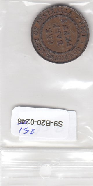 S9-B20-0251-M01 Australia 1/2 penny VF+ 1933 KM22